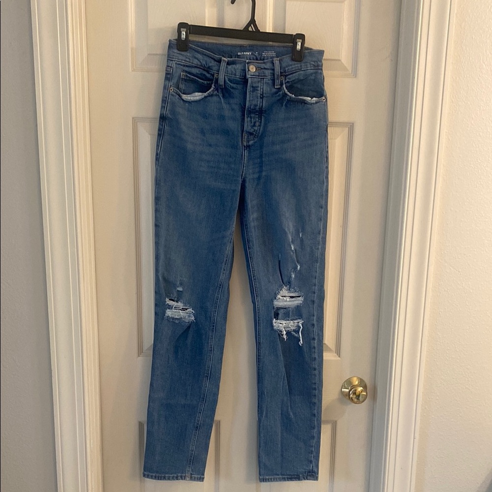 Old Navy Ski-Hi Straighten Secret Slim Pocket Jeans, Distressed, 4 Tall